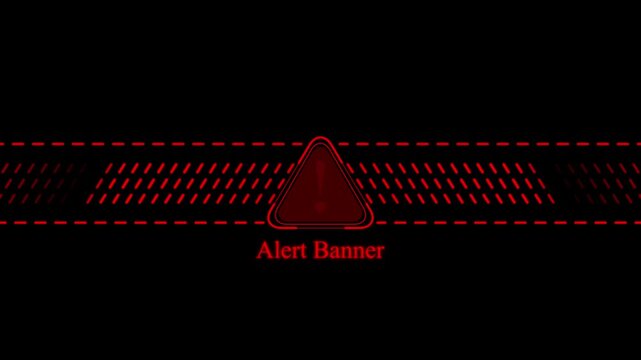 Red digital alert banner with warning triangle and animated glitch lines for emergency notifications and ui