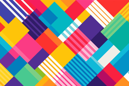 Vibrant abstract vector background featuring a dynamic composition of overlapping colorful geometric rectangles and diagonal stripes in a modern minimalist style with bold pop art colors.