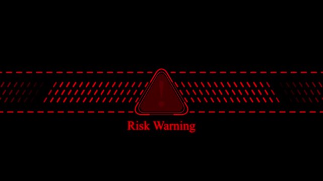 Digital risk warning alert sign with pulsing red triangle and geometric background, for cyber security interface