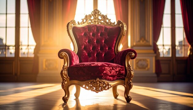 An ornate rococo armchair upholstered in deep crimson damask fabric with carved gilded details, bathed in warm sunlight
