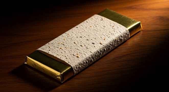 Gold wrapped chocolate bar with textured light grey paper band featuring small dark speckles, resting on polished dark wood surface in soft light.