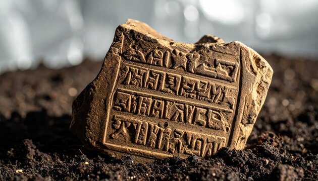 Ancient Sumerian cuneiform clay tablet fragment with etched inscription, an archaeological artifact from Mesopotamia