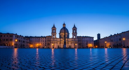 Piazza navona in rome at twilight with santagnese in agone church