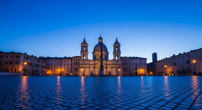 Piazza navona in rome at twilight with santagnese in agone church