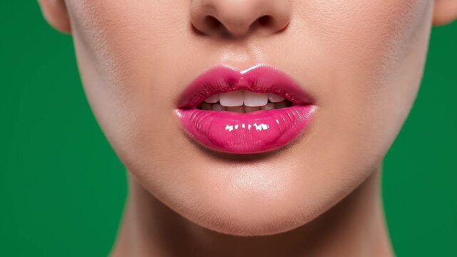 Close‑up glossy pink lips shining under spotlight, vivid contrast against green background, cinematic beauty detail, cosmetic advertising style, emotional allure, bold color, dramatic high‑impact visu