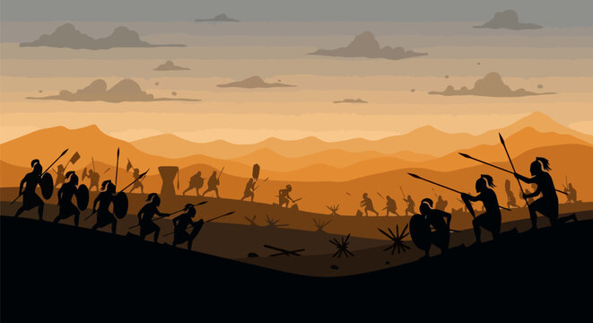 Ancient Human Tribe Hunting Mammoths with Spears in Prehistoric Landscape.
