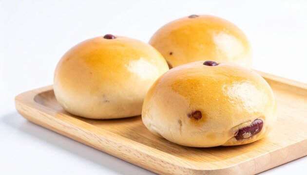 Golden brown sweet red bean paste buns dou sha bao presented on a wooden tray