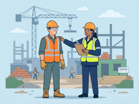 Inspector Checks Safety Practices at Construction Site While Ensuring Compliance With Regulations and Worker Guidelines During Day