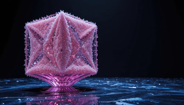 High-end fashion campaign 3D render, hollow geometric cube coated in premium rose fur texture, levitating over glossy midnight-blue liquid glass surface, moody black gradient backdrop, sharp rim light