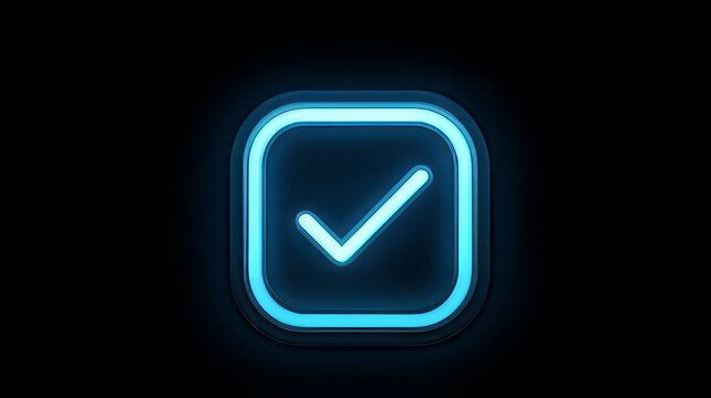 neon blue check mark inside a rounded square on a black background. glowing blue tick or checkmark symbol. approval, success, verification, or a correct choice.