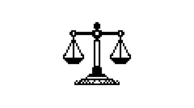 Minimalist pixel art illustration of a classic balance scale, symbolizing justice, equality, and the impartial rule of law in a simple, iconic digital design