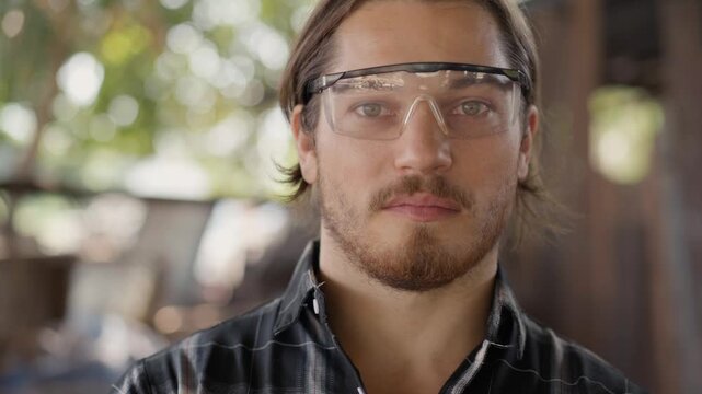 Portrait of a confident male carpenter wearing safety goggles in a carpentry workshop. Serious professional craftsman posing in his woodworking studi