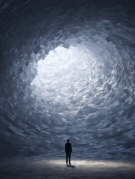 one person in front of tunnel out of papers, bureaucracy concept