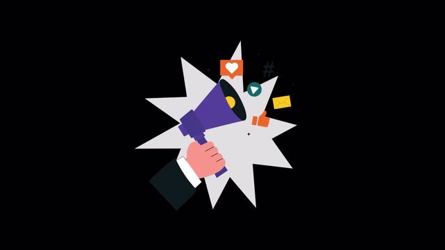 Hand Holding Megaphone with Social Media Icons. Social Media Promotion Concept Animation Video - Transparent