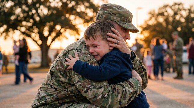 Emotional Reunion Between Soldier and Child at Sunset Event