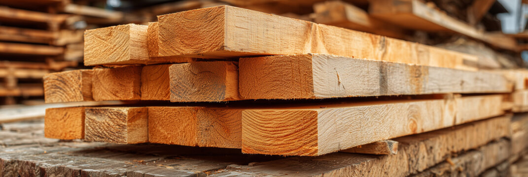 Stack of raw lumber 2x4 wood boards. Natural pine timber pieces for construction carpentry DIY projects. Building materials ready for workshop use