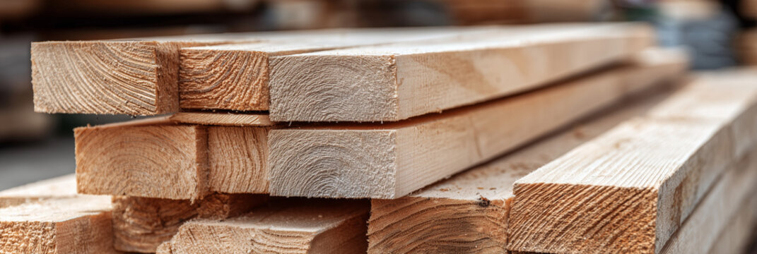 Stack of raw lumber 2x4 wood boards. Natural pine timber pieces for construction carpentry DIY projects. Building materials ready for workshop use