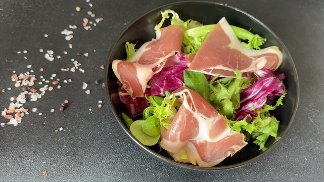 jamon salad mixed green salad leaves meat dish tasty snack fresh, delicious, gourmet food background rustic food on the table, top view, copy space