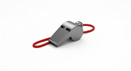 Fototapeta premium Metallic whistle with red lanyard, casting a shadow on a white surface