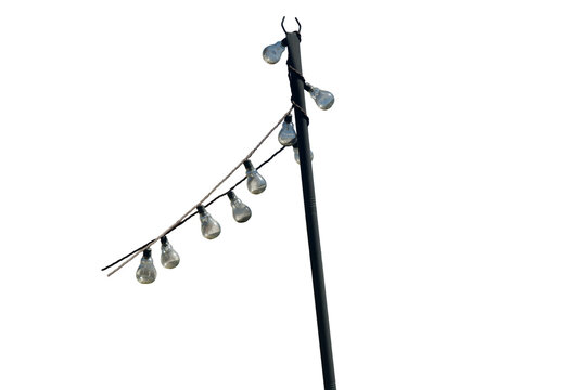 a string of light bulbs on a metal pole isolated on transparent background