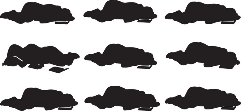 Black Solid Floor Studying Prone Sleeping Silhouettes Set of Six on White Background