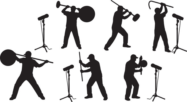 Black Solid Foley Sound Designer Shotgun Microphone Silhouettes Set of Six on White Background