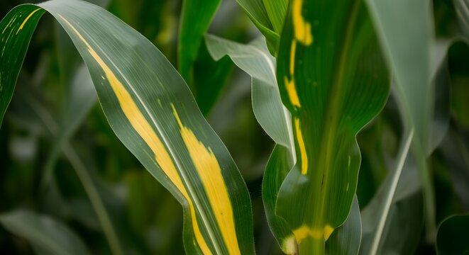 Corn Leaves With Yellow V Shape Discoloration, Plant Nutrition Study, Botanical Macro