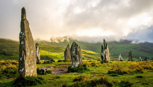 Ancient monoliths standing tall in a misty Scottish landscape, representing prehistoric heritage and history.