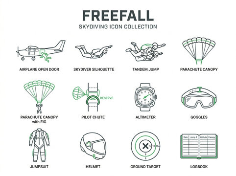 Twelve detailed dark green and black line icons featuring essential skydiving gear and freefall maneuvers for extreme sport and aviation safety