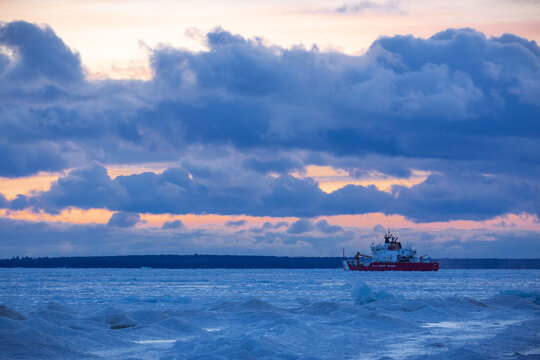 U.S. Coast Guard boat crawling across frozen Lake Michigan, Mackinaw City, Michigan, March 1, 2021