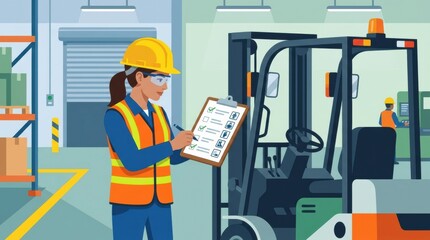 Fototapeta premium Worker Reviews Safety Checklist at Construction Site While Observing Equipment and Other Workers in the Background During Daytime