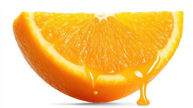 Juicy orange wedge with dripping citrus juice isolated on transparent background close up