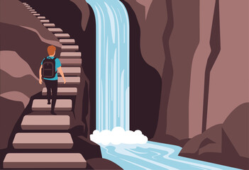 Naklejka premium A hiker ascends a stone staircase towards a stunning waterfall. The scene evokes adventure and natural beauty. Ideal for travel, outdoor, and lifestyle visuals.