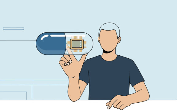 A man holds a smart pill with integrated technology, showcasing biological monitoring. Modern, clean design with a focus on health and innovation.