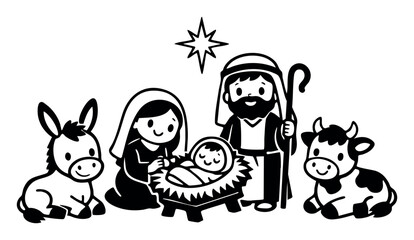 Naklejka premium Birth of Jesus Christ with Holy Family and animals in a manger. Simple cartoon drawing for holiday season