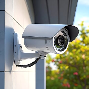 A white security camera mounted on a gray wall outdoors