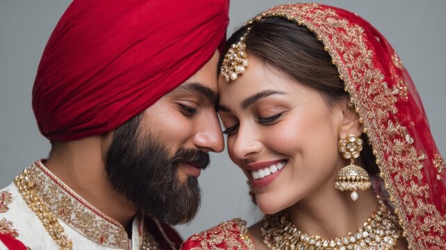Traditional Indian wedding couple sharing an intimate moment