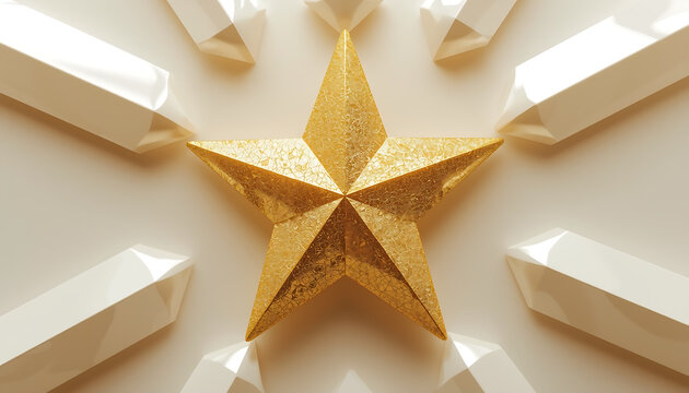 A gold star surrounded by white crystals on a beige background