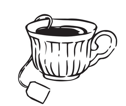 Vintage mug with tea. Hand drawn doodle illustration. Cozy tea party.