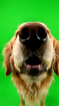 Funny Golden Retriever Dog Close Up Portrait with Green Screen Background.