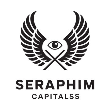 Black and white seraphim design featuring an eye and crossed swords