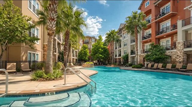 Luxury apartment complex swimming pool with palm trees in sunshine