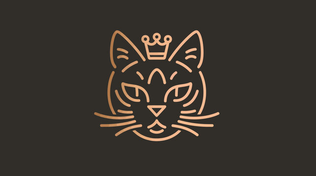 Elegant Royal Cat Head Line Art Icon. Minimalist Golden Feline with Crown Logo Design on Dark Background, Luxury Pet Concept.