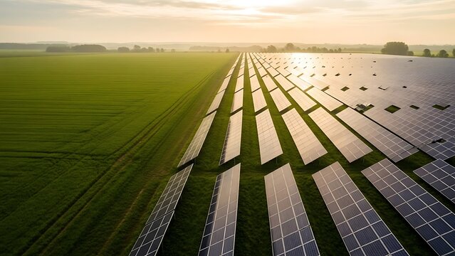 Solar panels on a field under a golden sky: an ode to renewable energy