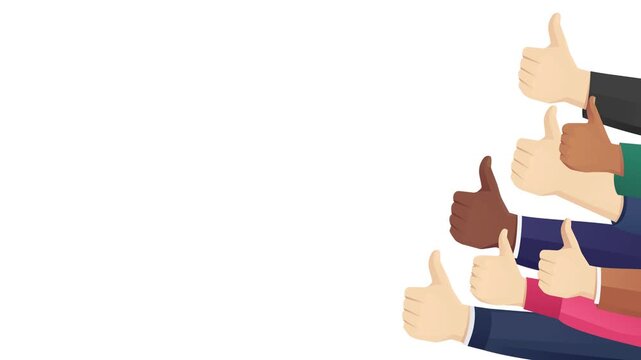 2D animation of several hands appear from the right with thumbs up on white background. Approval gesture	