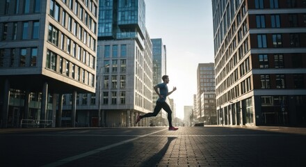 Runner sprints between tall buildings in an urban setting at sunrise