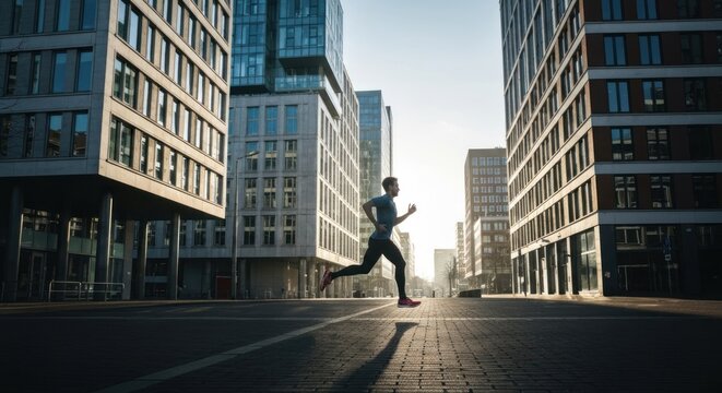Runner sprints between tall buildings in an urban setting at sunrise
