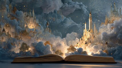 An open book magically reveals a stunning fantasy world of glowing castles nestled in luminous clouds under a starlit sky, a portal to limitless imagination © Mutia