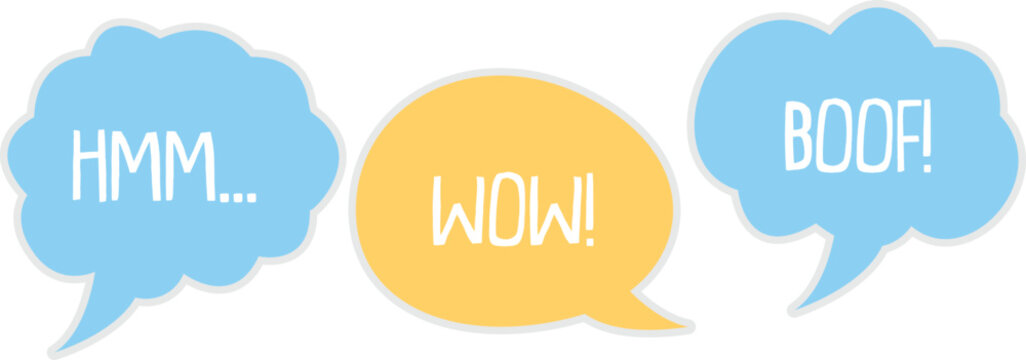 Three speech bubbles with expressions hmm wonder and boo for reactions