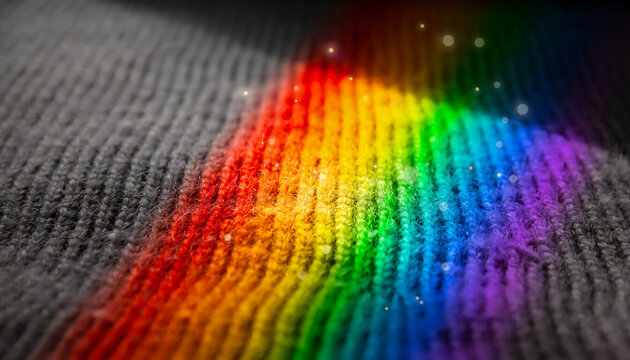 Vibrant rainbow light spectrum projected onto a textured gray knitted wool fabric with magical sparkling bokeh particles and soft glowing atmospheric light effects for background.